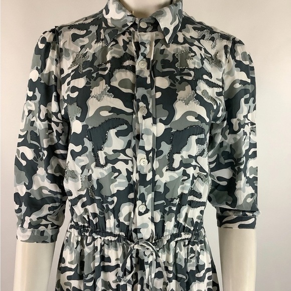 Skemo Sz S Boho Camo Print Beaded Maxi Tunic Dress Gray White Rayon Buttoned - Picture 3 of 7